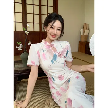 Naujas Kinų Stiliaus Moteris, Pink Gėlių Cheongsam Trumpas Rankovės Vintage Suknelė, Vestuvės Kostiumas Ilgas Sukneles Vasaros Qipao S2098