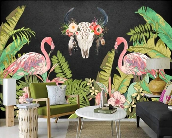 Beibehang 3D Tapetai Rankomis dažyti Flamingas Tropinių Miškų Augalų Fone Kambarį, Miegamąjį, TV Foną, Freskos nuotrauką