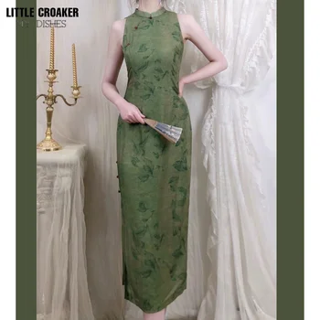 Moterų Žalia Qipao Ilga Suknelė Kinų Stiliaus Ilgas Vasaros Cheongsam Prancūzijos Senovinių Tradicinių Azijos Drabužiai Aukštos Ritininės Cosplay