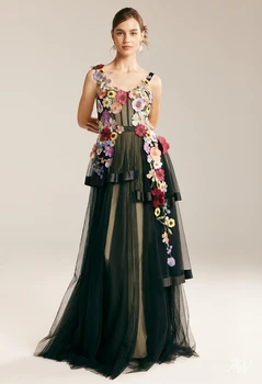 18089#Black 3D Gėlių Nėrinių Tiulio Vakare Šalis Suknelė Spageti Dirželis Rankovių Sluoksniuotos Nereguliarus Prom Moterų Suknelės