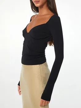 Moteris Giliai V-Kaklo, Ilgomis Rankovėmis Marškinėliai Slim Įmontuotas Žemų Dažnių Backless Apkarpyti Viršūnes Rudenį, Atsitiktinis, Kietas Basic Tee Streetwear