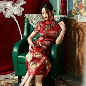 Elegantiška Moteriška Qipao Kinų Tradicija Suknelės Spausdinti Gėlių Cheongsam Derliaus Mandarinų Apykaklės Vestidos Naujųjų Metų Šaliai Drabužiai