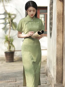 2023 Vasaros Žalia Pagerėjo Cheongsam Šviežių Jaunų Mergaičių Žakardo Stiliaus Kinijos vakarinę Suknelę Nuotrauka Qipao Moterų Šalis