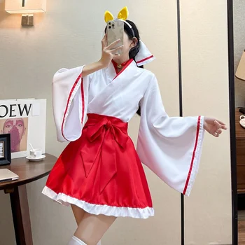 Japonijos Kawaii Kimono Skraiste, Anime Cosplay Kimono Suknelę Plius Dydis Lolita Drabužius ilgomis Rankovėmis Raudona Balta Tarnaitė Komplektus dropshipping