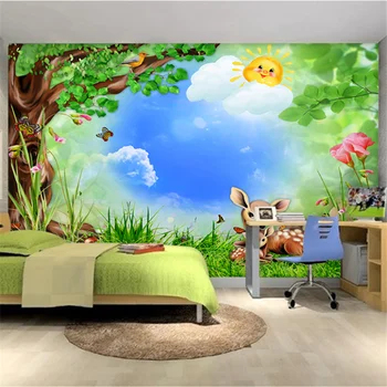 beibehang Užsakymą tapetai 3d miško medienos animacinių filmų gyvūnų, vaikų kambario freskos TV fono sienos dokumentų namų dekoro 3d tapetai