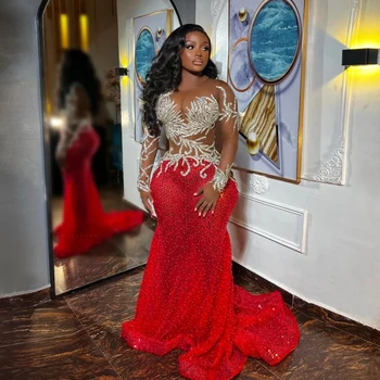 Plus Size Afrikos Raudona Undinėlės Vakaro Suknelės Sparkle China Zawalcowany Vestuvių Priėmimo Suknelė Aso Ebi Stiliaus Oficialų Suknelė Juoda Wome