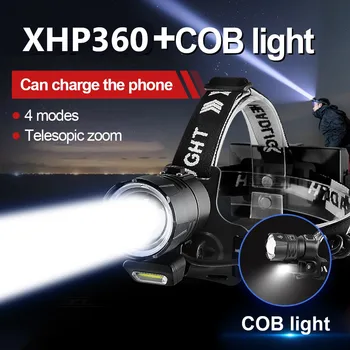 Galingas XHP360 LED Žibintai Super Šviesus USB Įkrovimo Žibintai Didelės Galios Zoomable priekinis žibintas Camping Žvejybos Galvos Žibintų