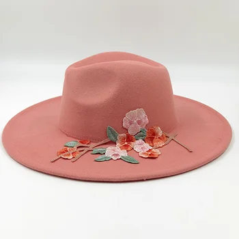Gėlių aplikacija minkšta fetrinė skrybėlė skrybėlę moterų rudenį ir žiemą, шапка mados elegantiškas šalis graži skrybėlė asmenybės sombrero hombre