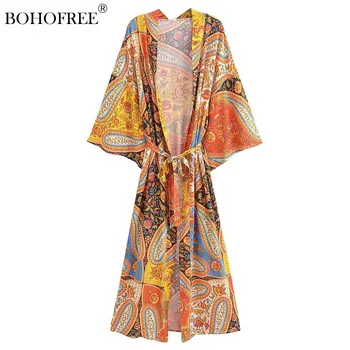 Derliaus Prabangus Naujas Viskozė Gėlių Spausdinti Chalatas, Paplūdimio Boho Kimono Mujer Bohemiškas Stilius Padengti-Iki Kaftan Moterų Kimono