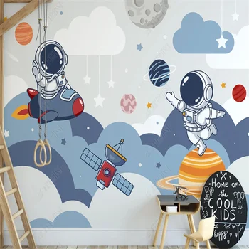 Šiuolaikinių Animacinių filmų Mėlyna Sienos popieriaus Planetos Palydovų Raketų freskos Astronautas Pasivaikščioti Space Tapetai, Vaikų Kambarys