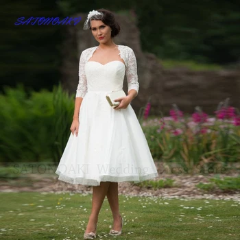 Elegantiškas Nėrinių Trumpa Vestuvinė Suknelė 2023 su Striukė Moterims Arbata Ilgis-Line Aplikacijos Nuotakos Suknelė Vestido De Novia Skraiste Mariée