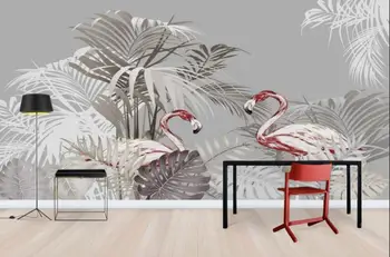 Individualizuotos fono paveikslėlį nuotrauka rankomis dažyti tropinių augalų flamingo palmių juodas ir baltas fonas sienos freskos 3d tapetai
