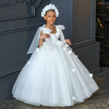 Paprastas Baltas Gėlių mergaičių Suknelės Aplikacijos-line Vaikai Vakare Inscenizacija Chalatai Karoliukai Pirmosios Šventosios Komunijos Suknelės Princes
