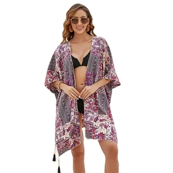 2024 m. Moterų boho Kimono Megztinis Viršūnes Palaidų Gėlių Spausdinti Coverups Paplūdimio Plaukti Bikini Sluoksniuotos Rankovėmis Padengti Ups, Palaidinė už maudymosi Kostiumėliai